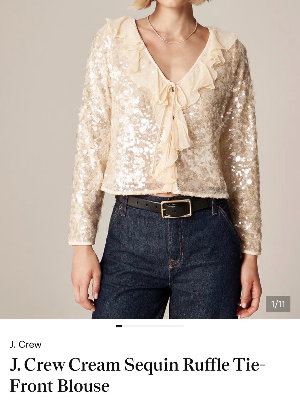 J. Crew Champagne Sequin Ruffle Tie Front Blouse - Picture 2 of 4
